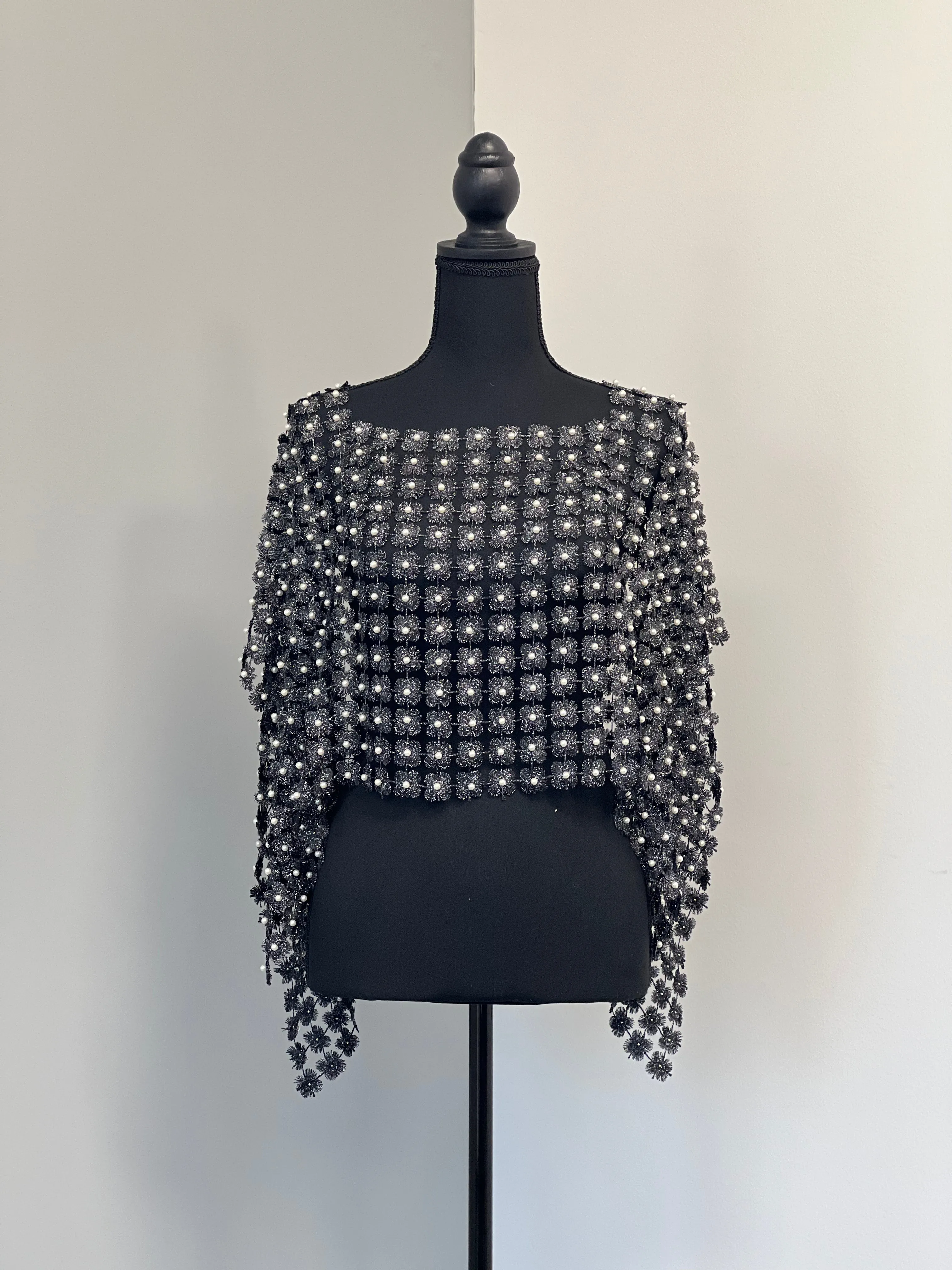 Lace Poncho with all over Pearls attached  (Black)