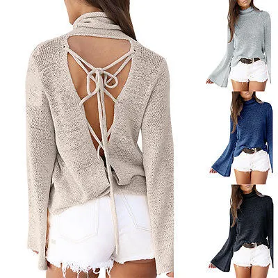 Lace up back turtle neck sweater top