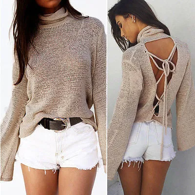 Lace up back turtle neck sweater top