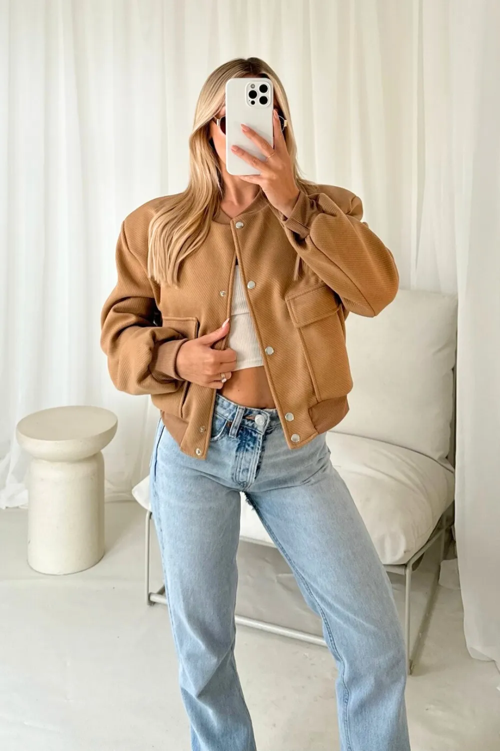 Lana camel bomber jacket