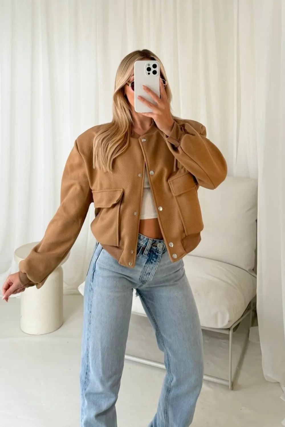 Lana camel bomber jacket