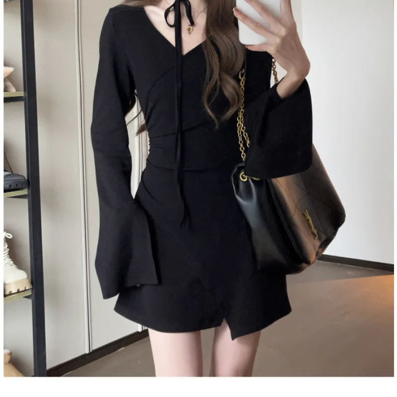 Lanfubeisi supernatural dress to impress V-neck Long Sleeve Dress Women's Autumn Small Waist Slimming Pleated Irregular Lace-up Skirt