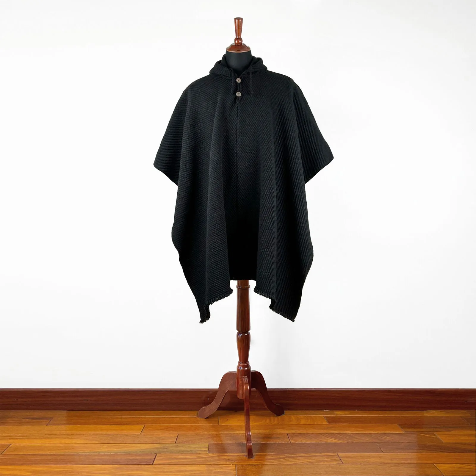 Llama Wool Unisex South American Handwoven Poncho M-XXL - solid black pattern