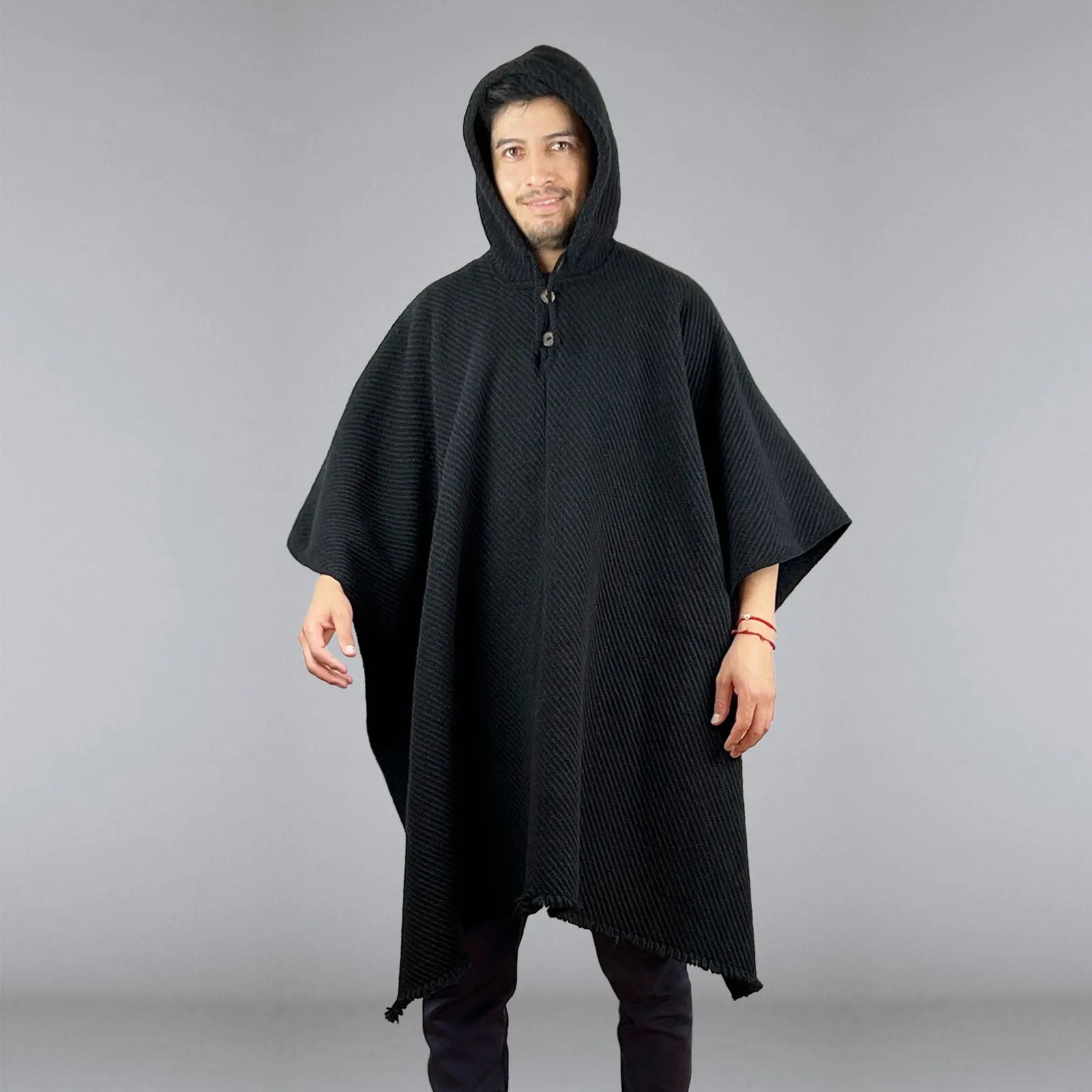 Llama Wool Unisex South American Handwoven Poncho M-XXL - solid black pattern