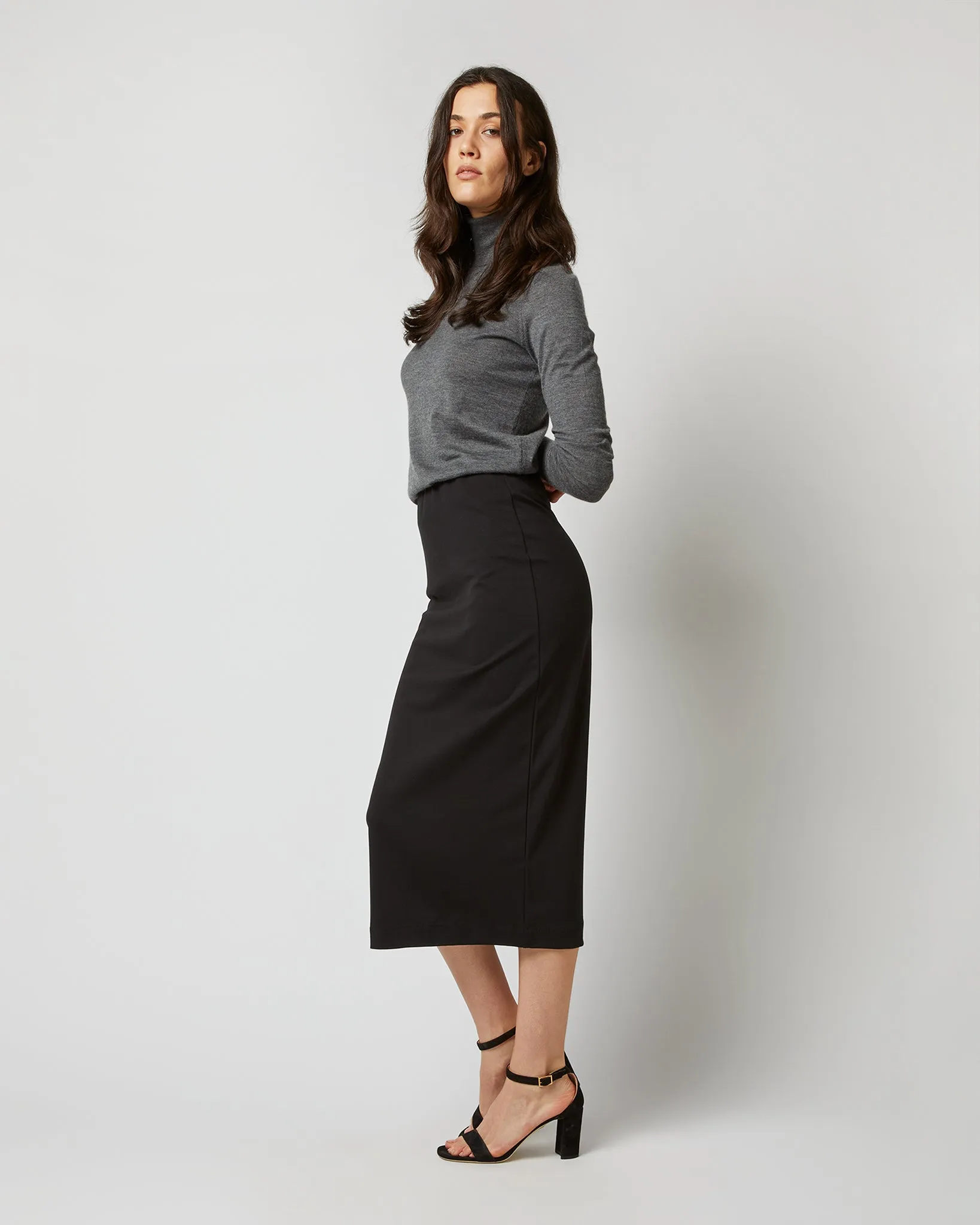 Long Pull-On Skirt in Black Ponte Knit