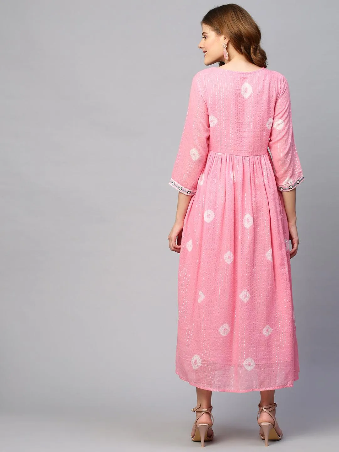 Lurex Stripes & Embroidered Maxi Cotton Mulmul Dress - Pink