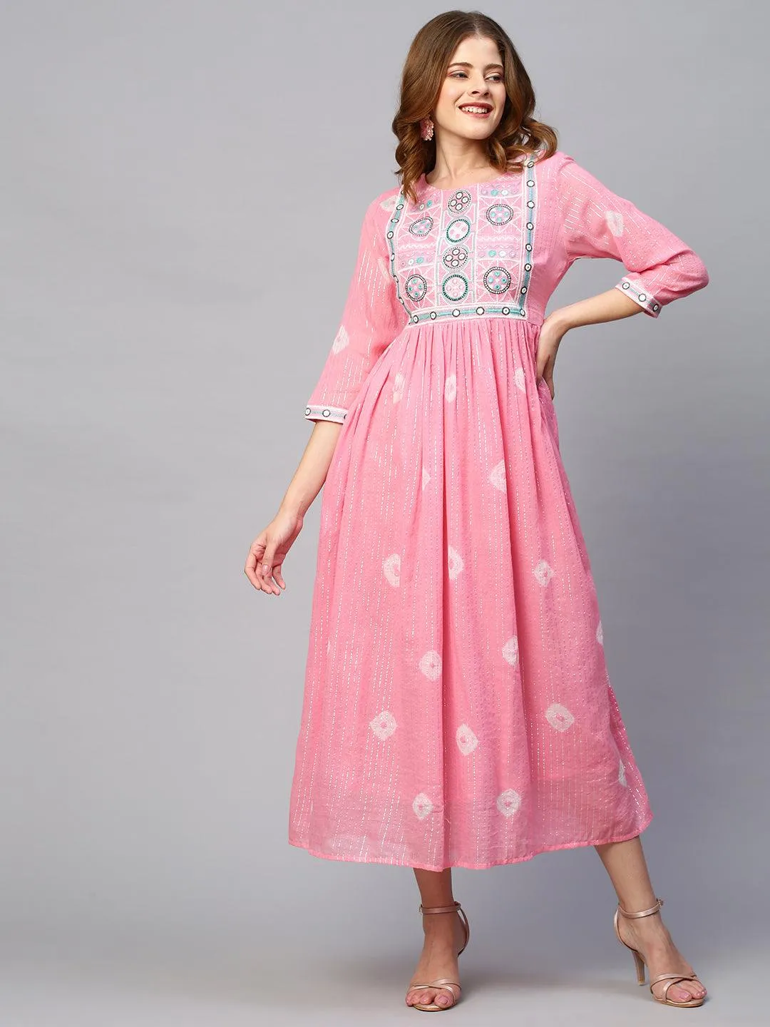 Lurex Stripes & Embroidered Maxi Cotton Mulmul Dress - Pink