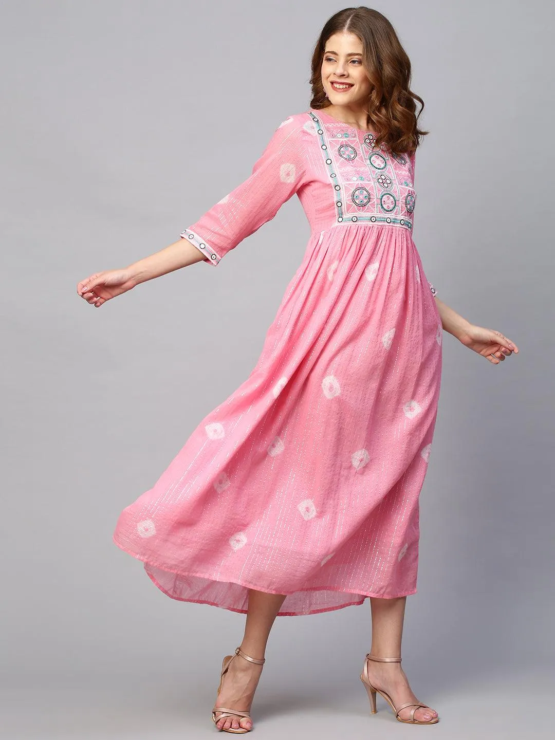 Lurex Stripes & Embroidered Maxi Cotton Mulmul Dress - Pink