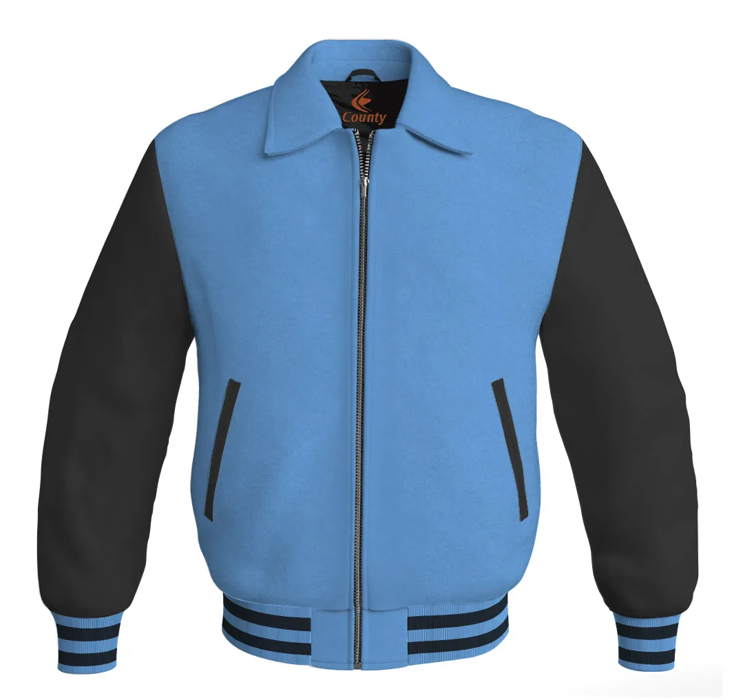 Luxury Bomber Classic Jacket Sky Blue Body and Black Leather Sleeves