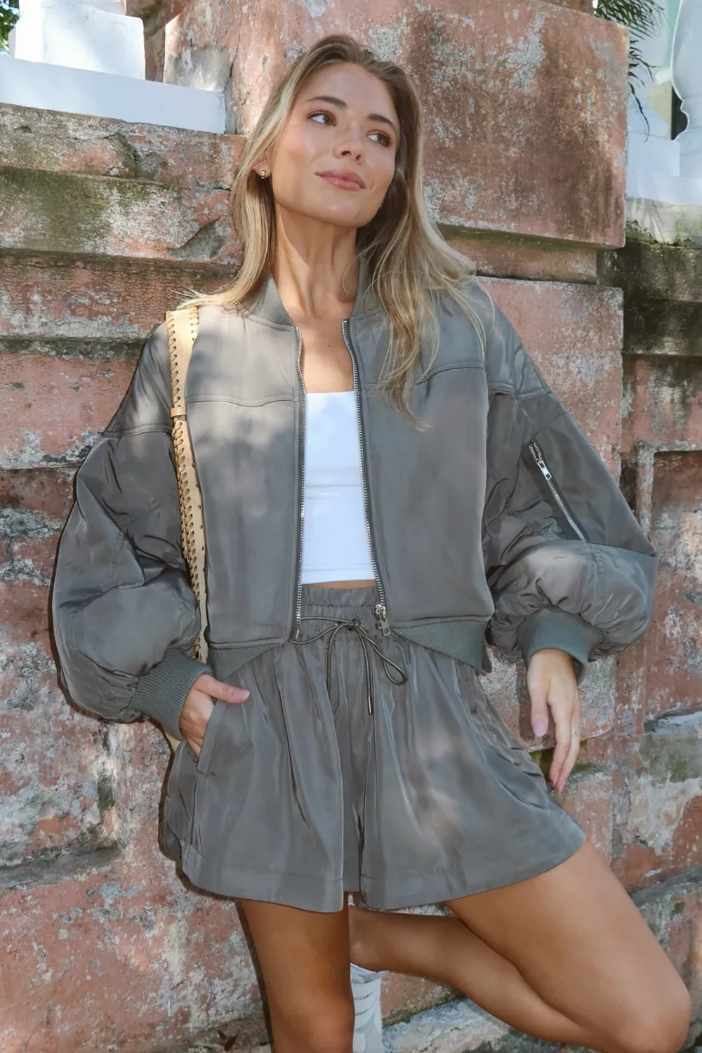 MALIBU OLIVE BOMBER   SHORT SET