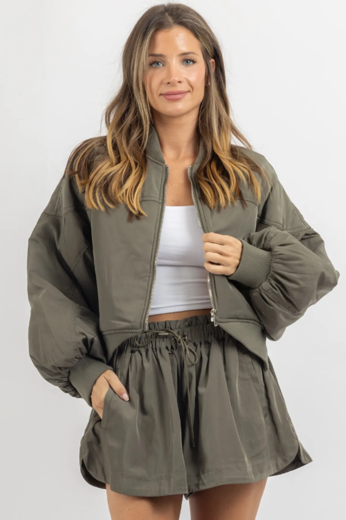 MALIBU OLIVE BOMBER   SHORT SET