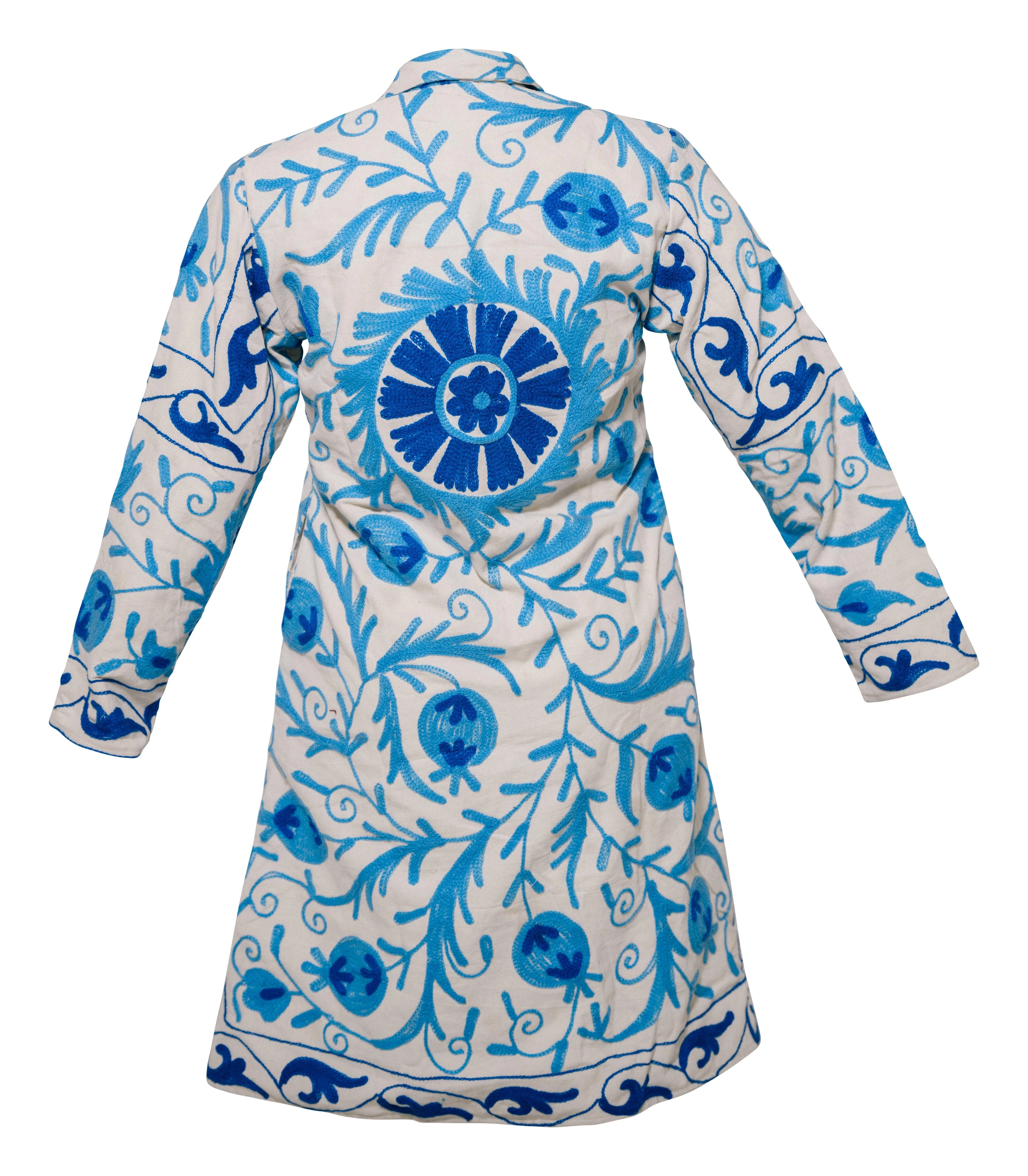 MALIKA COAT - Suzani Embroidery Blue on White LARGE