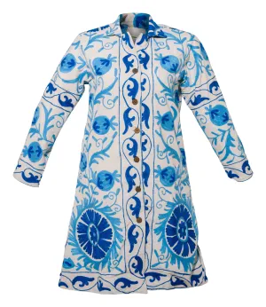 MALIKA COAT - Suzani Embroidery Blue on White LARGE