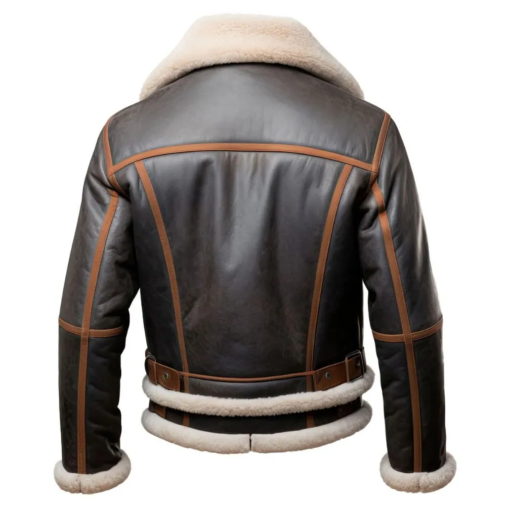 Men's Brown Faux Shearling Fur Aviator Genuine Sheepskin Leather Jacket