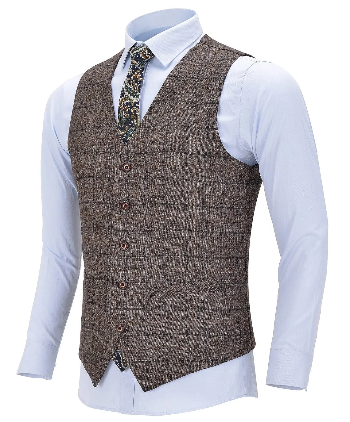 Men's Business Suit Vest V Neck Plaid Dress Vest