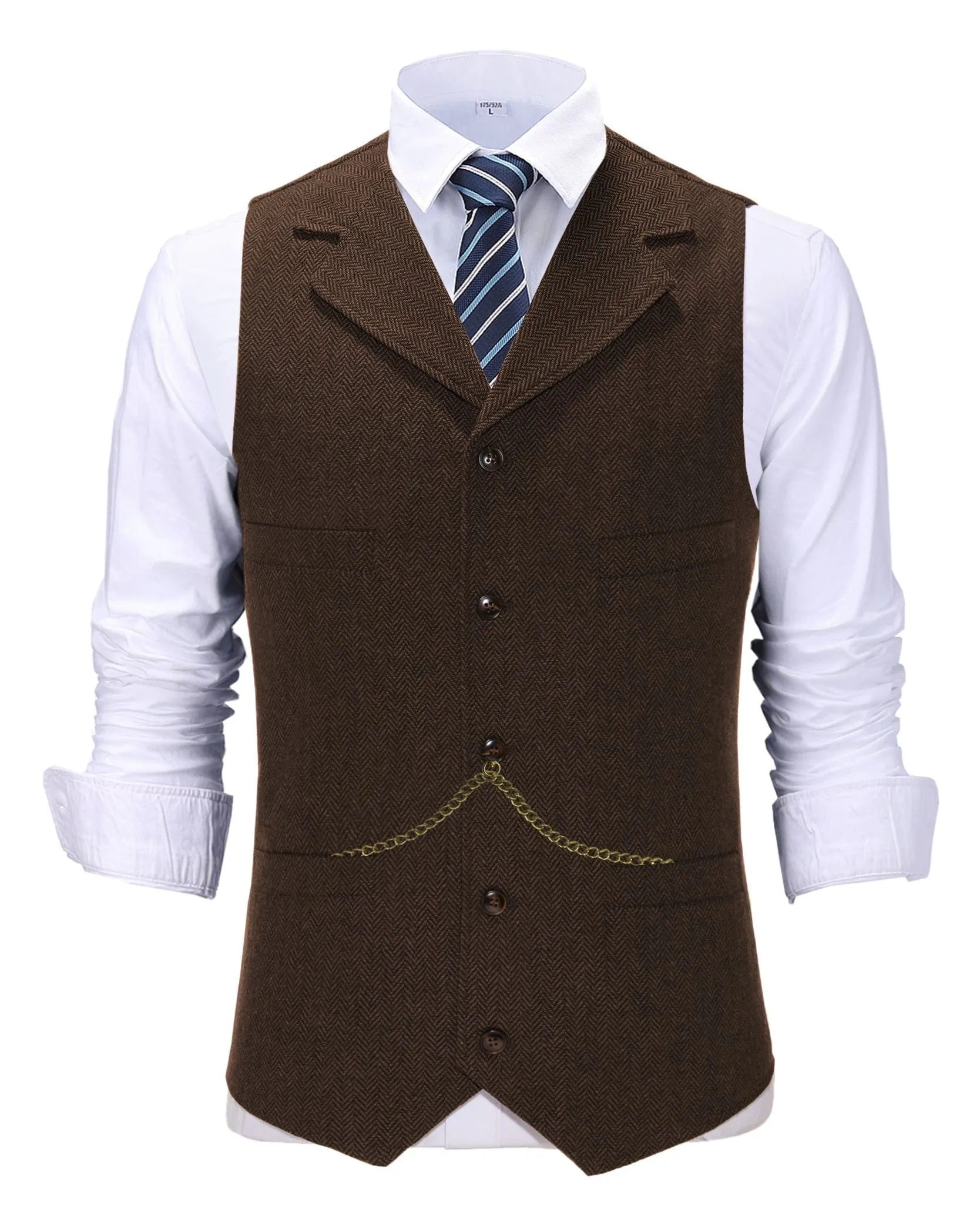 Men's Classic Slim Fit Tweed Herringbone Notch Lapel Suit Vest Waistcoat