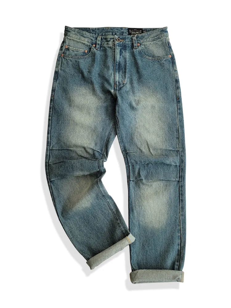 Men's Distressed Whiskers Jeans Washed Blue