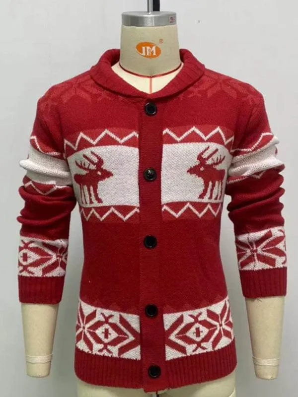 Men's Reindeer Pattern Knit Cardigan Sweater