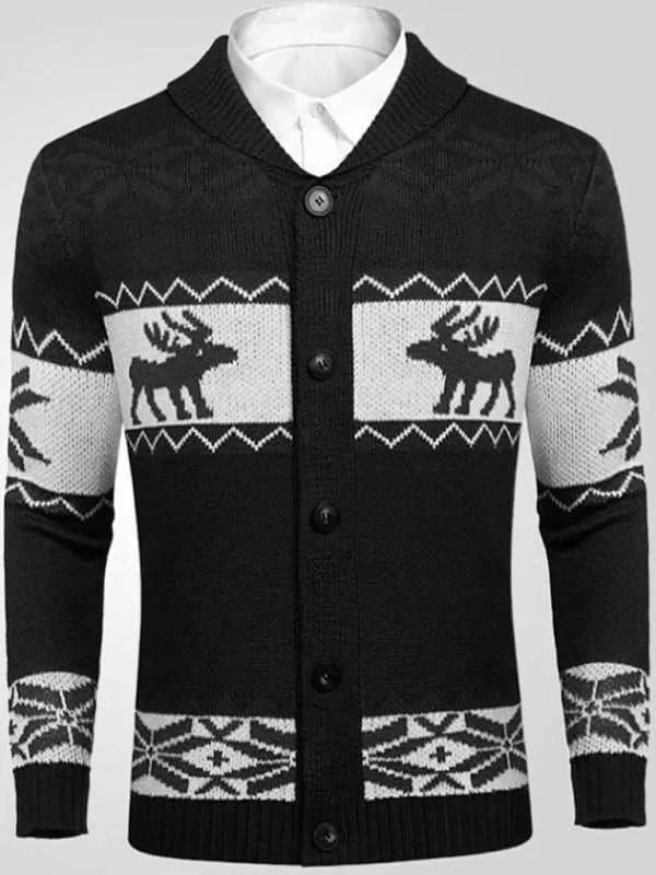 Men's Reindeer Pattern Knit Cardigan Sweater