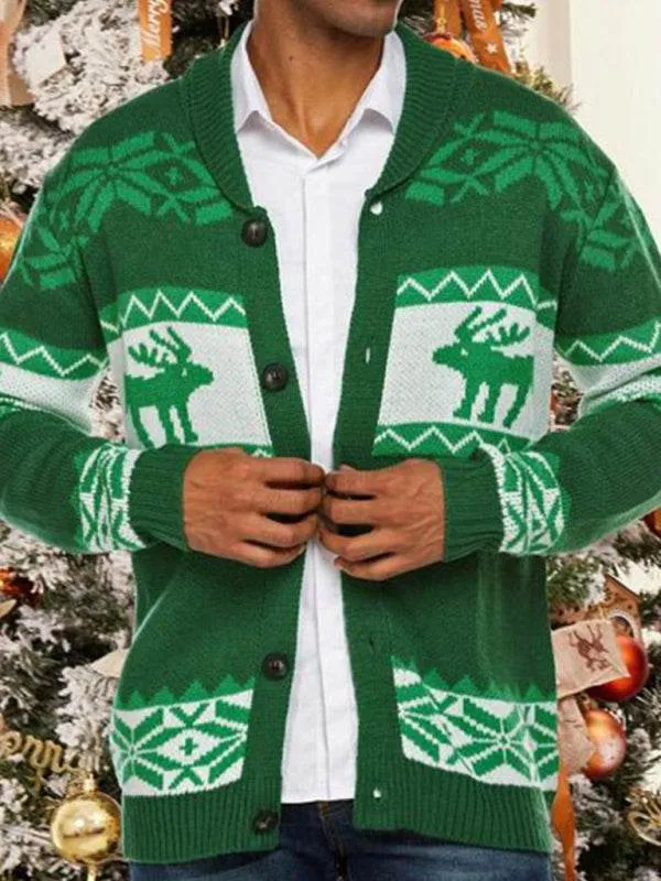 Men's Reindeer Pattern Knit Cardigan Sweater