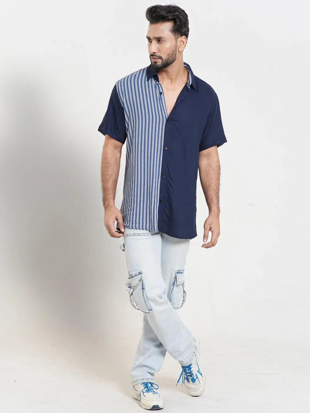 Men's Short Sleeve Casual Solid With Stripe Combo Shirt