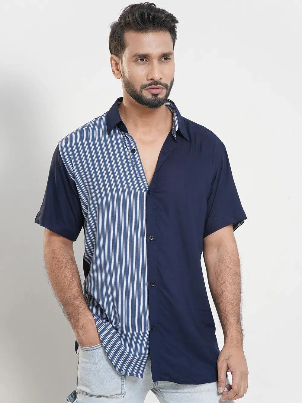 Men's Short Sleeve Casual Solid With Stripe Combo Shirt