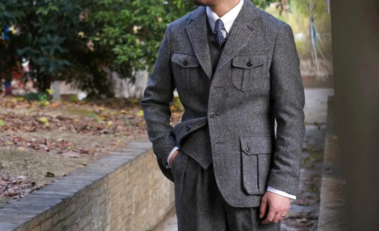 Men's Vintage Wool Tweed Blazer - Classic Safari Jacket