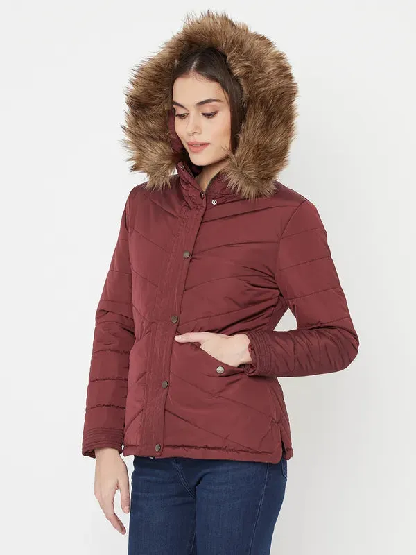 Mettle Women Maroon Full Sleeve Parka Jacket