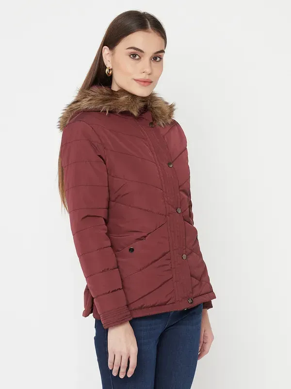 Mettle Women Maroon Full Sleeve Parka Jacket