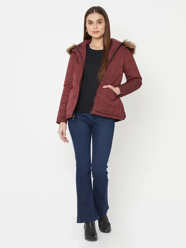 Mettle Women Maroon Full Sleeve Parka Jacket