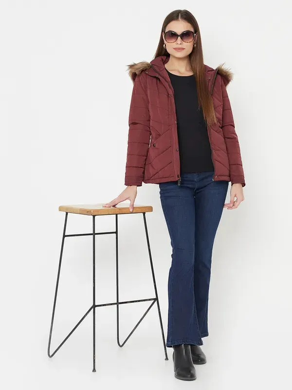 Mettle Women Maroon Full Sleeve Parka Jacket