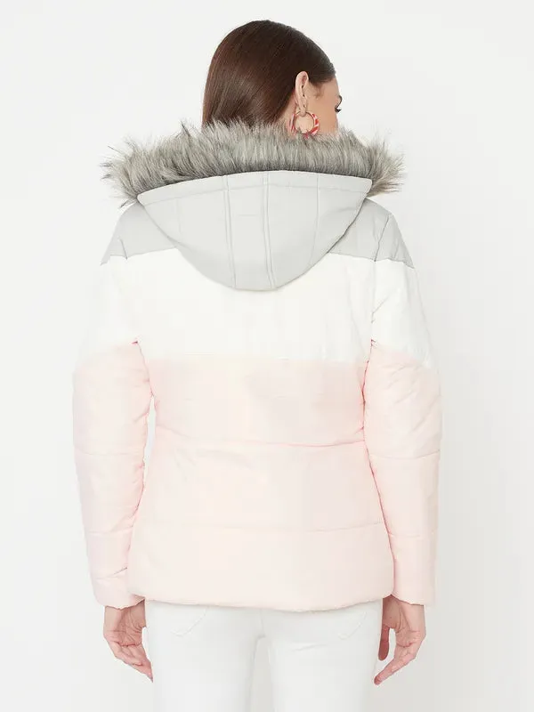 Mettle Women Pink Colourblocked Full Sleeve Parka Jacket