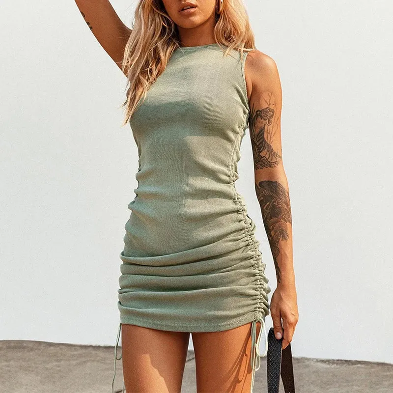 Mini Off Shoulder Sexy O Neck Drawstring Knit Club Tank Bodycon Summer Ribbed Dress