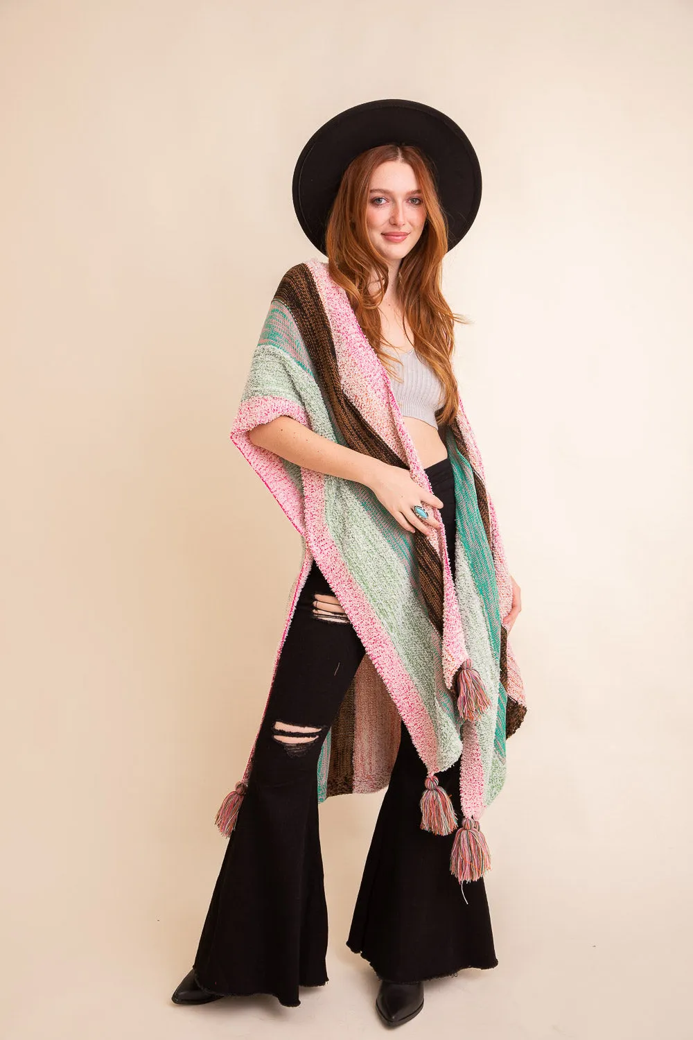 Multi-color Striped Tassel Poncho❤