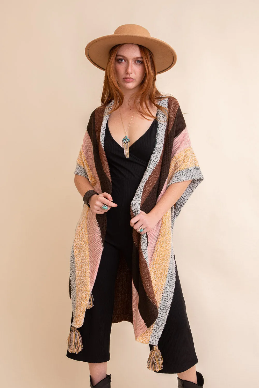 Multi-color Striped Tassel Poncho❤