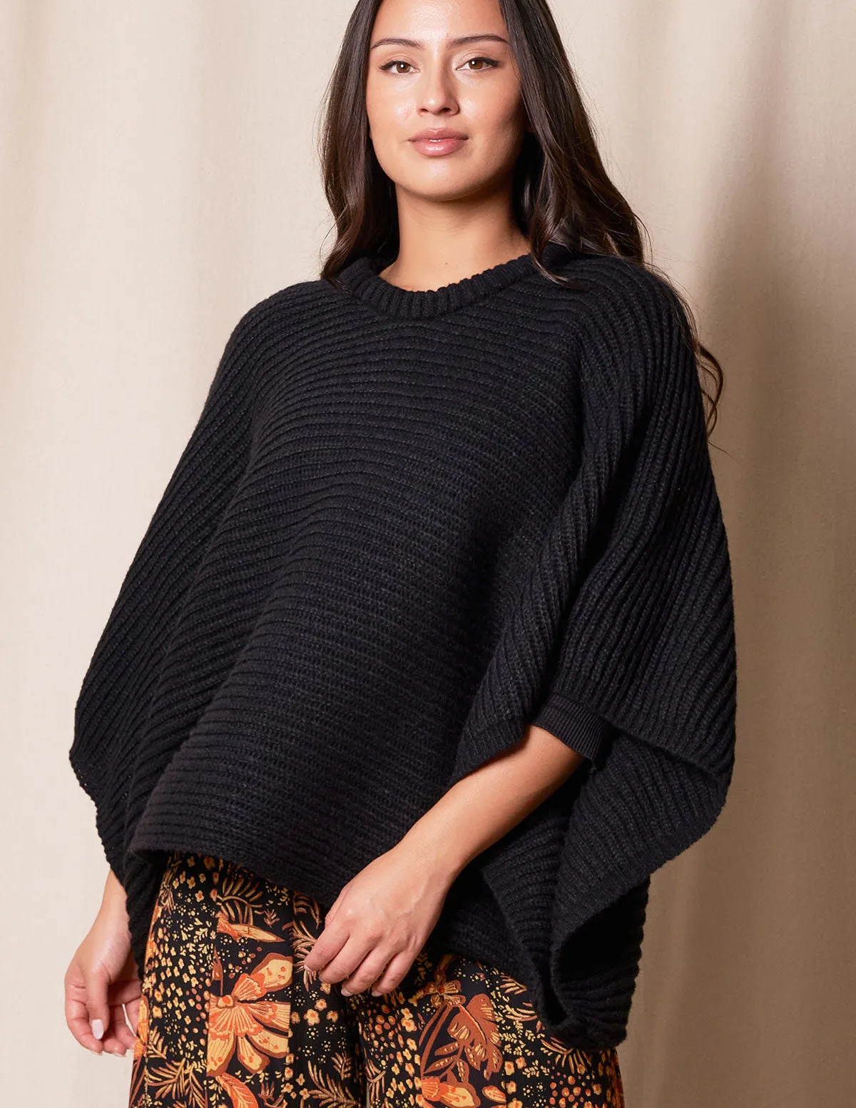 Natalie Cropped Sweater Poncho - Black