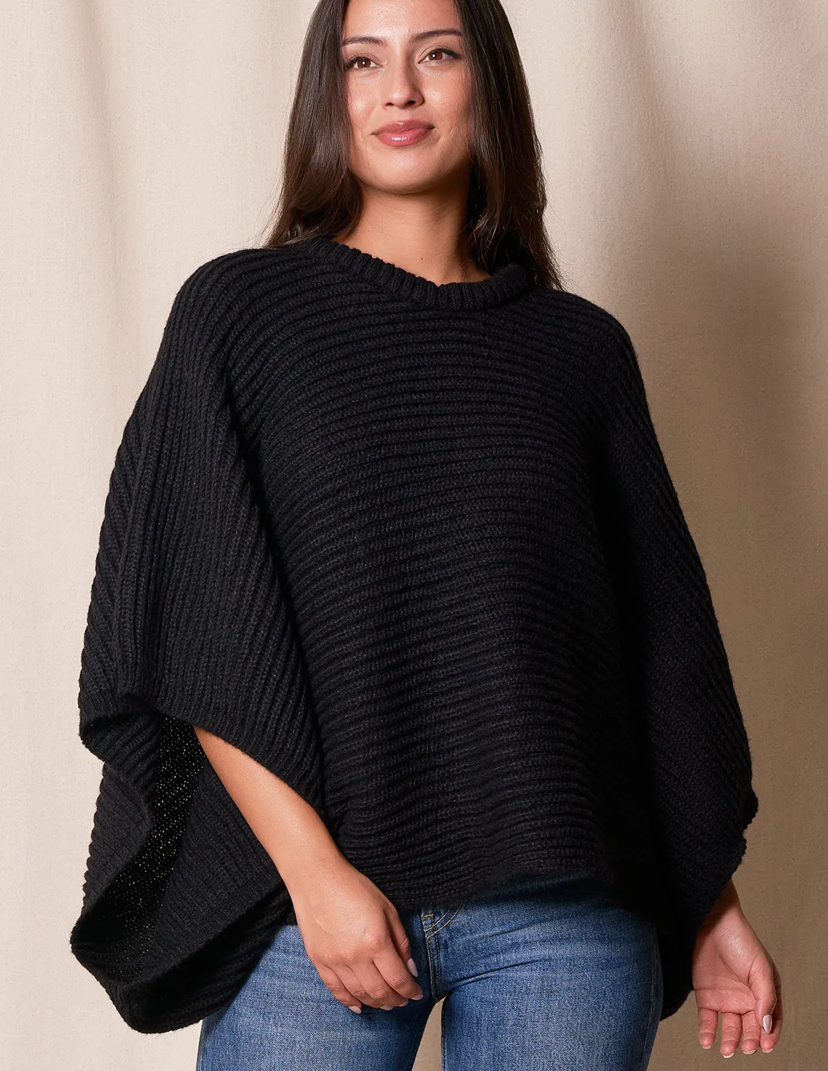 Natalie Cropped Sweater Poncho - Black