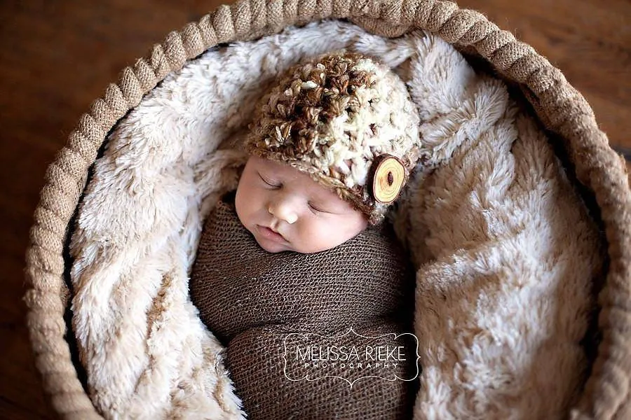 Newborn Merino Button Hat Brown Beige Cream