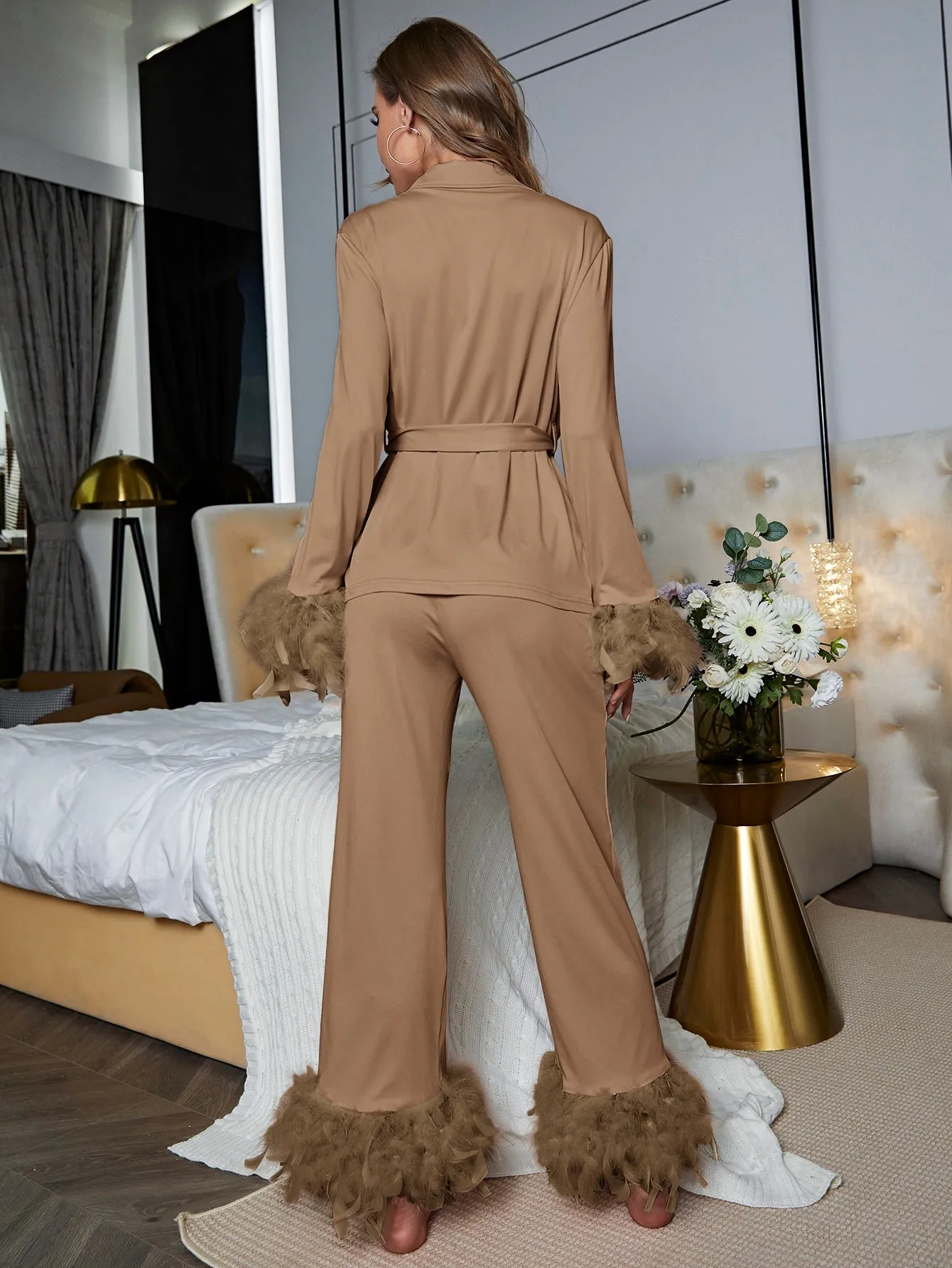 Notched Collar Contrast Trim Self Belted PJ Set