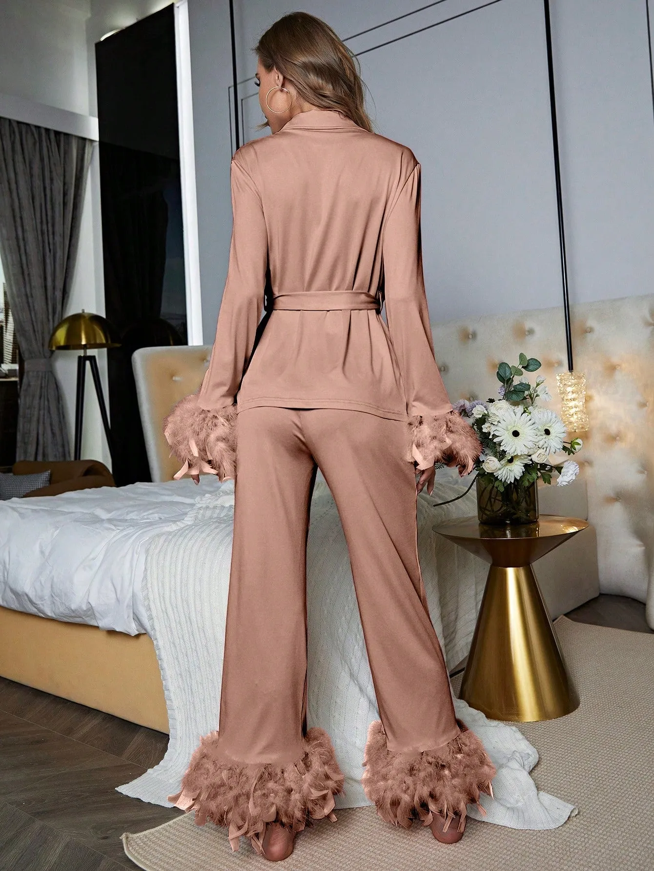 Notched Collar Contrast Trim Self Belted PJ Set