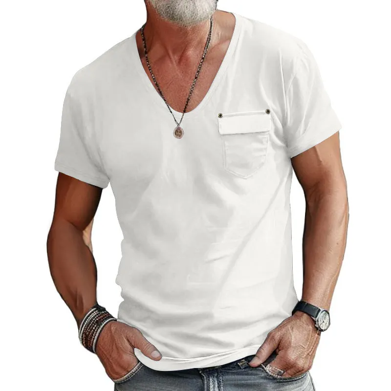 Nukty-shop Summer Fashion Men's Slim-Fit U-Neck T-shirt Casual Solid Color Henley Shirt Short Sleeve Men