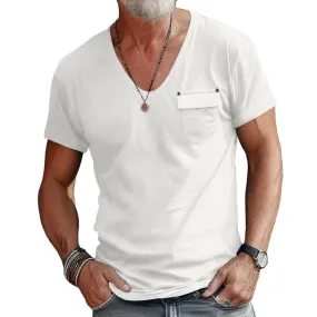 Nukty-shop Summer Fashion Men's Slim-Fit U-Neck T-shirt Casual Solid Color Henley Shirt Short Sleeve Men