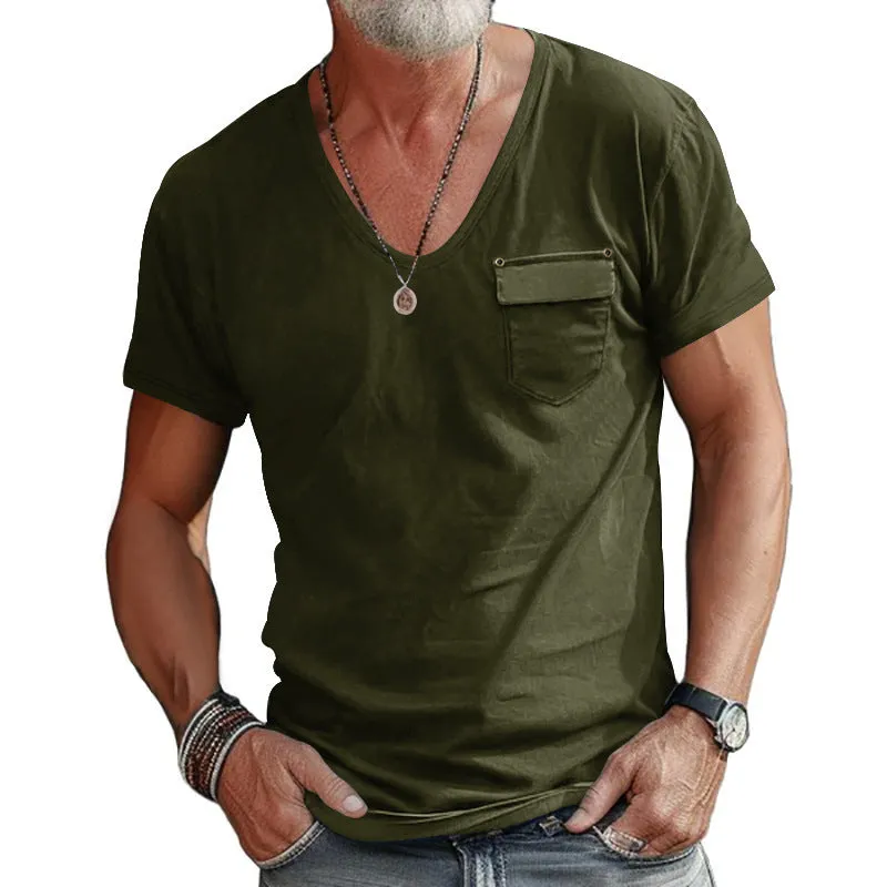 Nukty-shop Summer Fashion Men's Slim-Fit U-Neck T-shirt Casual Solid Color Henley Shirt Short Sleeve Men