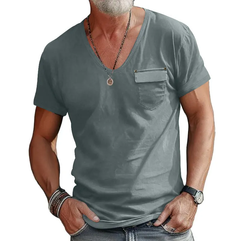 Nukty-shop Summer Fashion Men's Slim-Fit U-Neck T-shirt Casual Solid Color Henley Shirt Short Sleeve Men