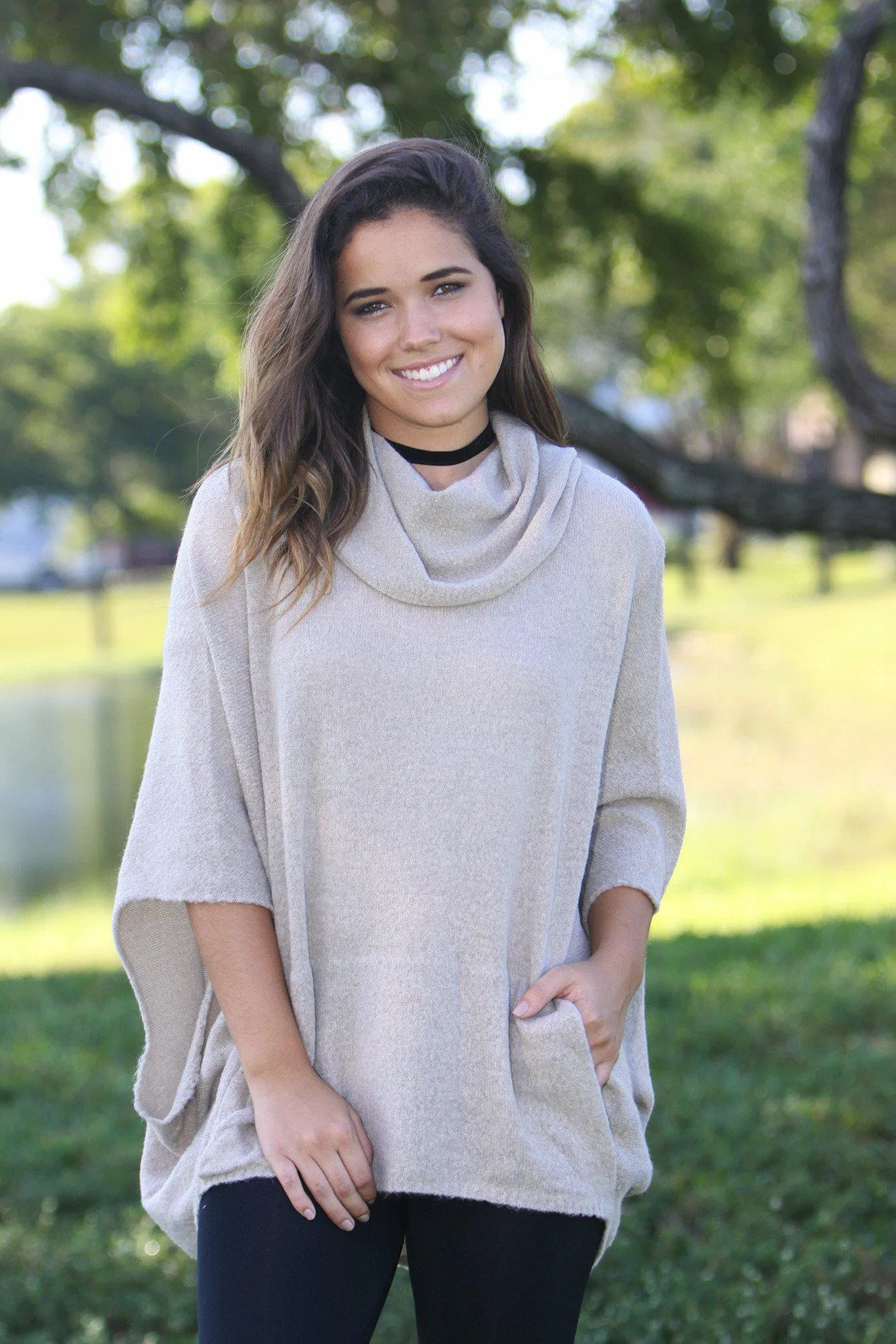 Oatmeal Poncho Cowl Neck Sweater