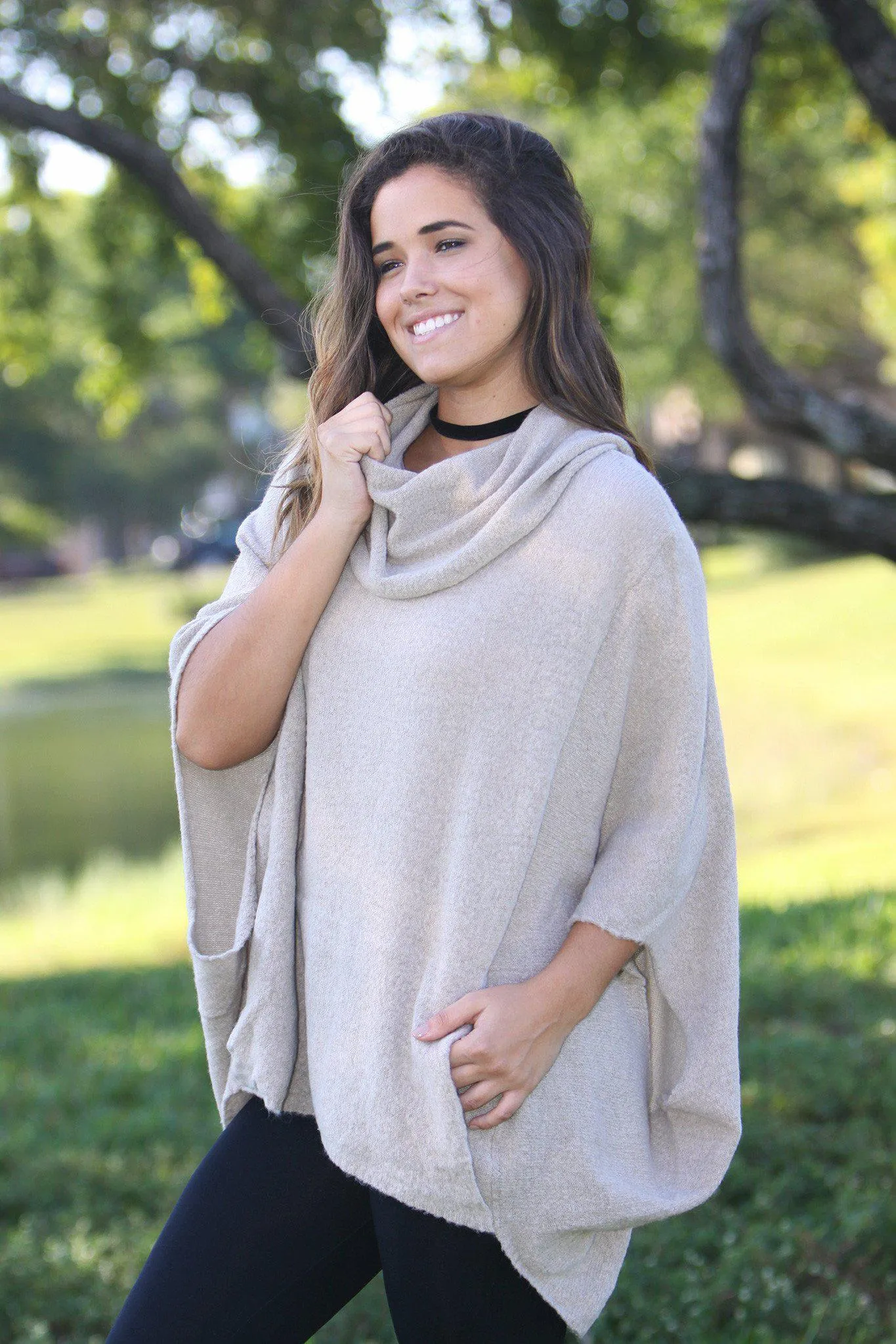 Oatmeal Poncho Cowl Neck Sweater