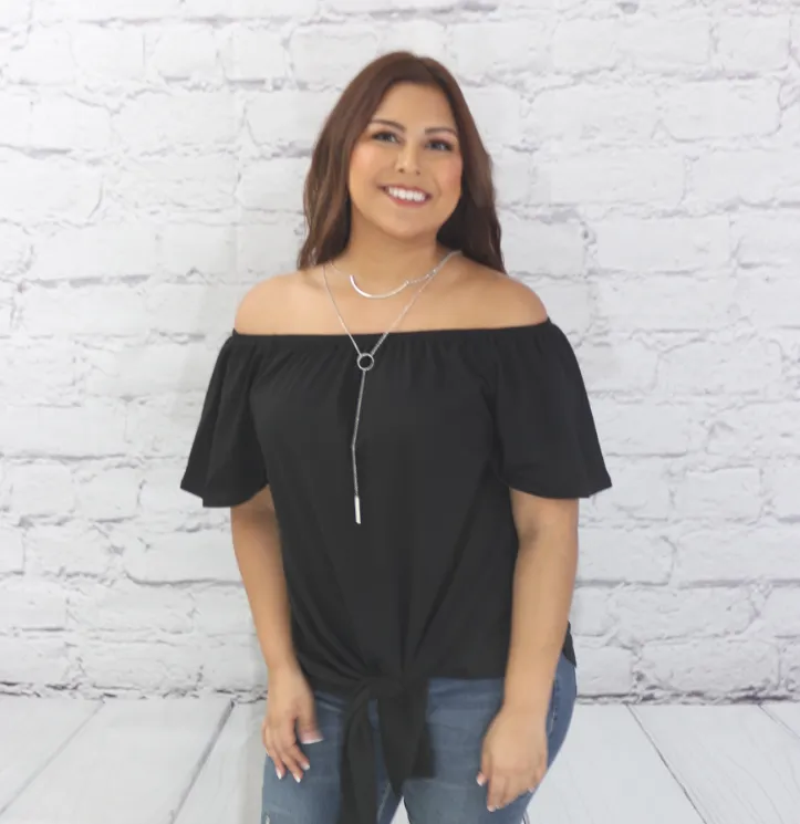 Off the shoulder solid knit top with self tie knot