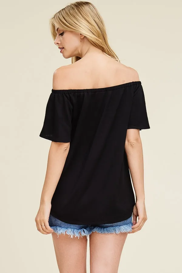 Off the shoulder solid knit top with self tie knot