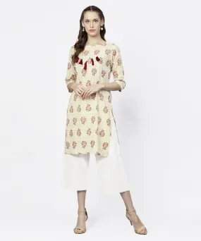 Off White Printed 3/4Th Sleeve Tunic