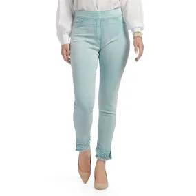 OMG SKINNY ANKLE SLANT DOUBLE FRINGE JEANS in Aqua & Coral